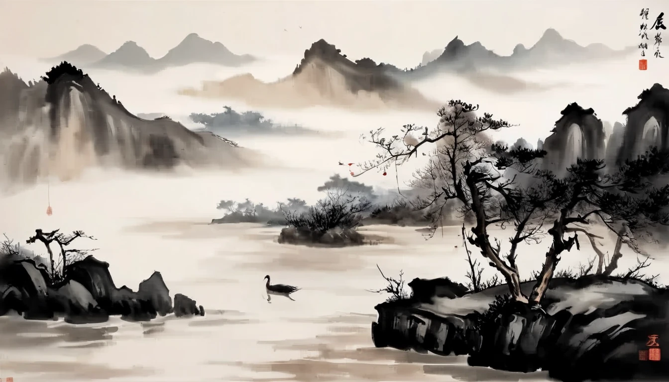 water墨画和water彩画，Drawing on rice paper，Use thick and light inks to create light and dark changes and layers，选择正确的墨water颜色，Such as deep black、thick gray、light coffee, ETC，express different situations and atmospheres，Control the gradient and transition of ink colors through the humidity and consistency of the ink，Monte，water，Tree，lake surface，desolate, desolate, ，black and white tones，dead tree， 中国传统water墨画, Chinese traditional art, author：Guo Xi, author：Ma Yuanyu, traditional Chinese painting, author：Xu Xi, author：Luo Mu, author：Yang Buzhi, author：Li Kelan, author：Zhi&#39;an, water墨画 ) ) ) ), 中国water墨画, 中traditional Chinese painting风格