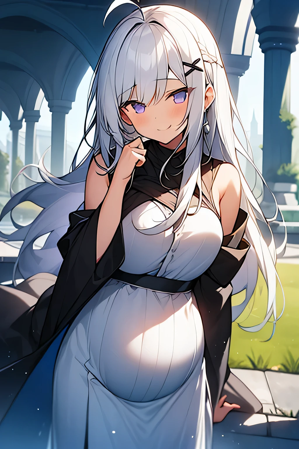 ((A slight smil)),a smile,1girl,depth of fields,((white hair))),grey hair,purple eyes,,long hair,(Loose long hair),(ahoge),(((White shirt under black robe) )),(White collared shirt),Medium Ruffled Skirt,((White-rimmed royal skirt})),Twist Blade,((Bare shoulders)),Fluttering petals,The upper part of the body,(ruins),intense shadow,wet,pregnant