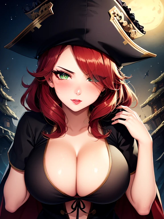 free cleavage, medium breasts, 1girl, scarlet hair, wavy hair, very long hair, black pirate hat, Hair covers one eye, slim and voluptuous, green eyes, mascara, thick lips, big eyes, lipstick, dark theme, free cleavage, round nose, sweductive, masterpiece, close up, round chin, dark scene, night,