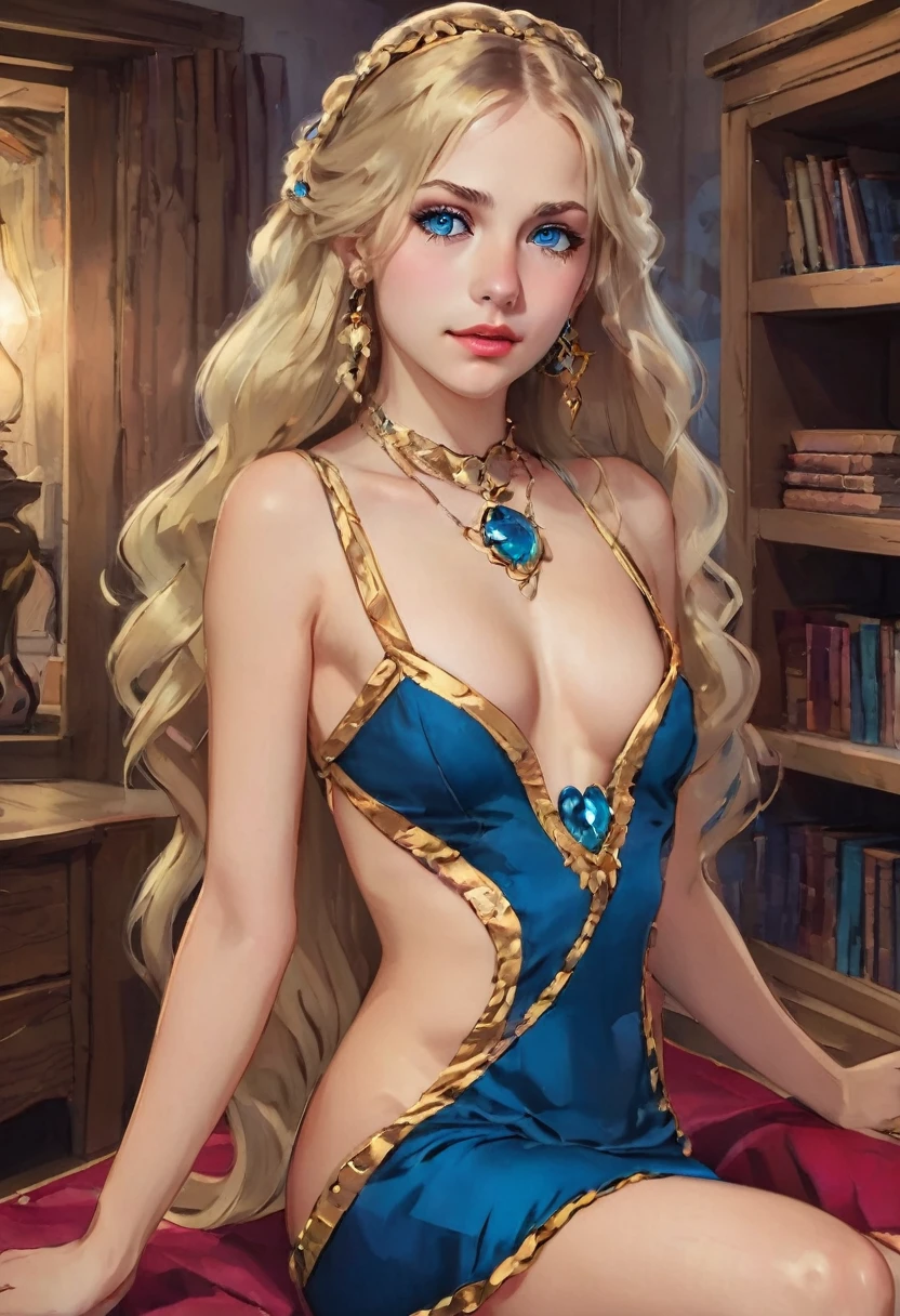 Esmeralda, a slave princess, is 18 years old, long blonde hair, blue eyes, big breasts, wearing an exotic dress for her clients, blue with diamonds. She is sitting on the floor of her room, all dark with the moonlight, looking to the right, saying sister, please, I want to go out with a sad expression