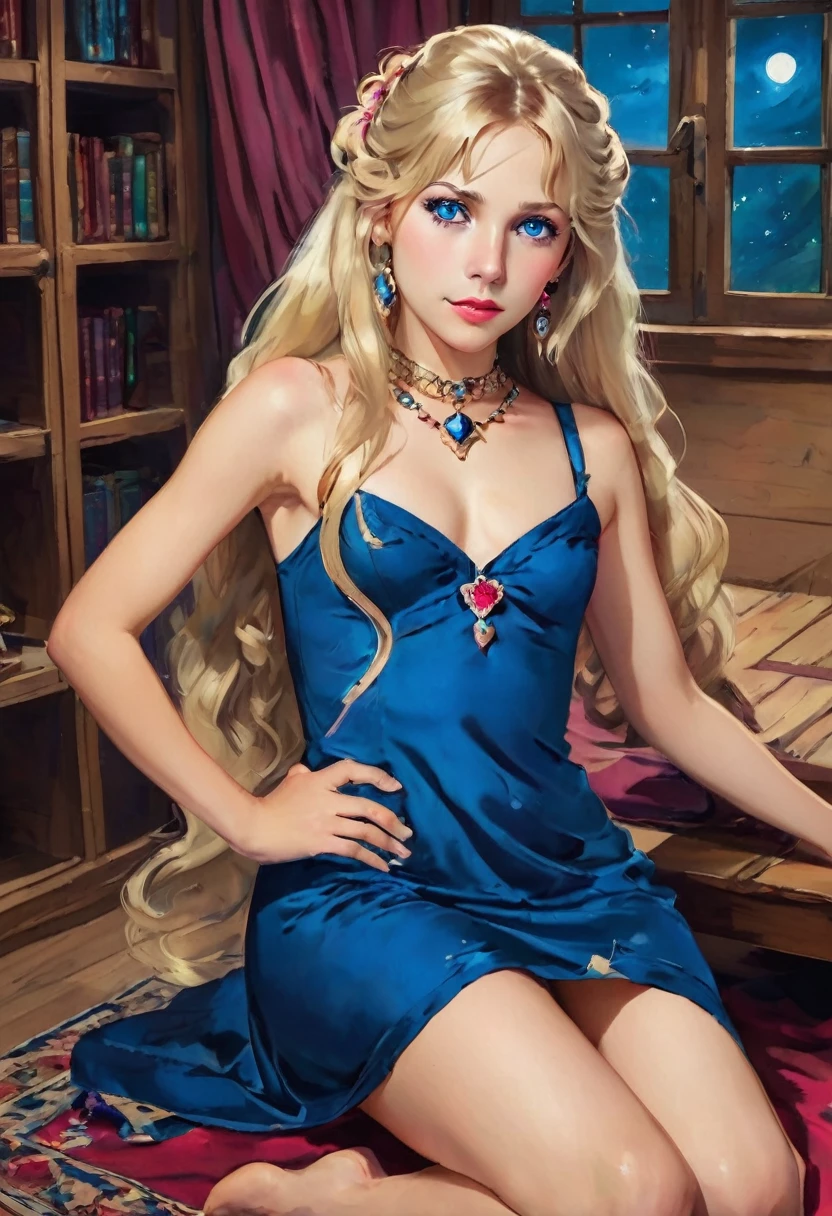 Esmeralda, a slave princess, is 18 years old, long blonde hair, blue eyes, big breasts, wearing an exotic dress for her clients, blue with diamonds. She is sitting on the floor of her room, all dark with the moonlight, looking to the right, saying sister, please, I want to go out with a sad expression 