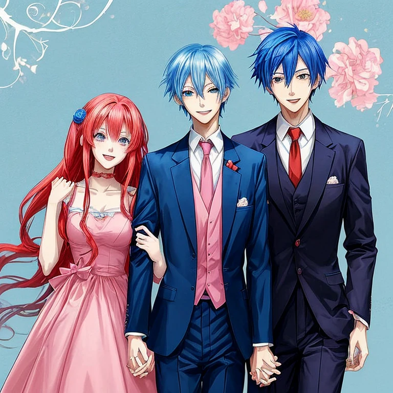 Anime characters, anime 2d, best quality, 2others, couple, 1man with 1woman, man blue hair, woman red hair, Height difference, happy, love, smile, formal clothes, different fashions, pink dress, blue shirt and tie, holding hands