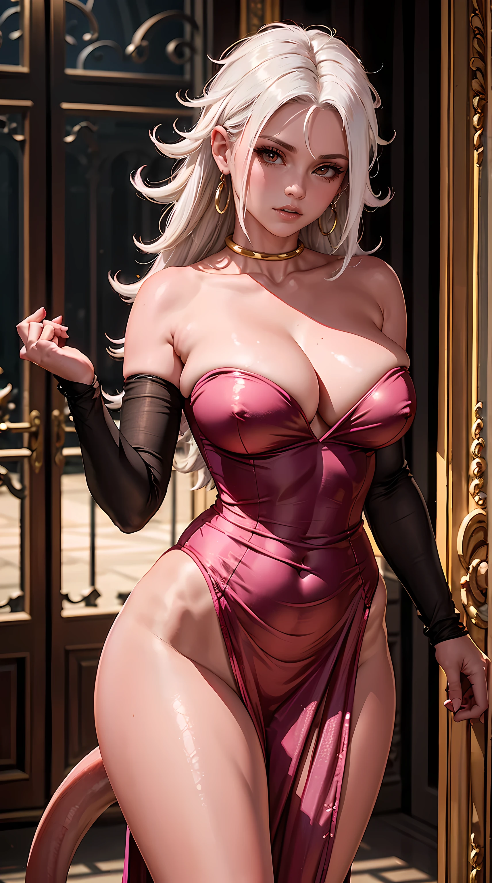 Beautiful white hair woman is shown to have a athletic figure, she is wearing a beautiful sexy dress, pink skin, red demon eyes, pink tail, girl standing in a gala ballroom, sexy session, putting her hands on her waist, poseing, exposed cleavage, cowboy shot, superior quality, many details, realistic