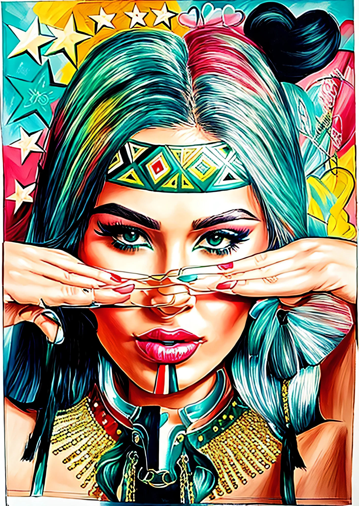 um desenho de uma mulher com um cocar cobrindo os olhos, vibrant fan art, por Reyna Rochin, Retrato colorido de Megan Fox, desenho colorido, desenho colorido, retrato de garota de cerveja madison, inspirado em Pia Fries, arte perfeita, artistic design, desenho colorido, retrato de Haifa Wehbe, retrato de Megan Fox como rainha, por Izzy Medrano