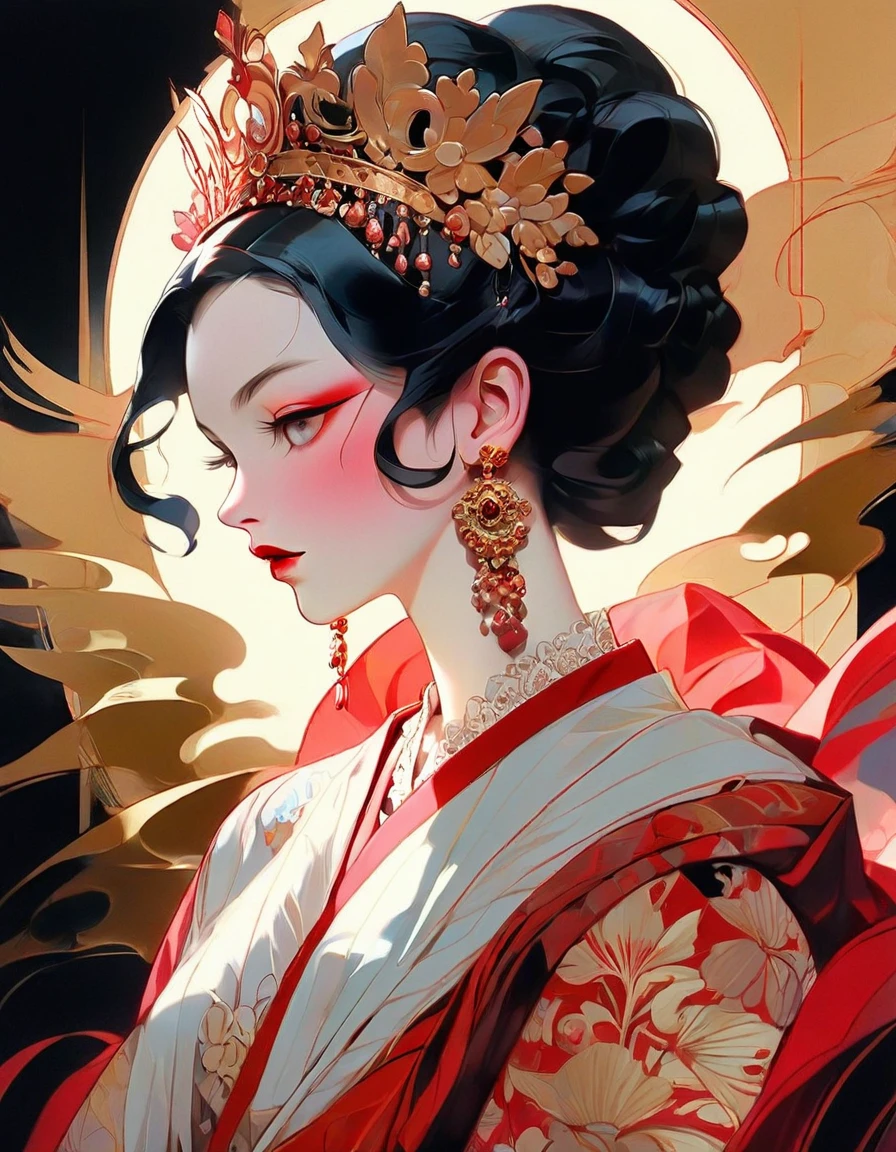chiaroscuro technique on sensual illustration of an elegant queen , vintage ,silky dress, matte painting, by John Singer Sargent, by Harumi Hironaka, extremely soft colors, vibrant, pastel, highly detailed, digital artwork, high contrast, dark dramatic, refined, tonal, an intimate, seductive studio setting with a focus on sensuality and romance. Utilize soft, warm lighting that bathes the space in a gentle, inviting glow. Incorporate luxurious fabrics, plush furnishings, and a touch of decadence to evoke an opulent ambiance. The scene should exude an air of serenity and anticipation, inviting the viewer into a sensual and romantic space