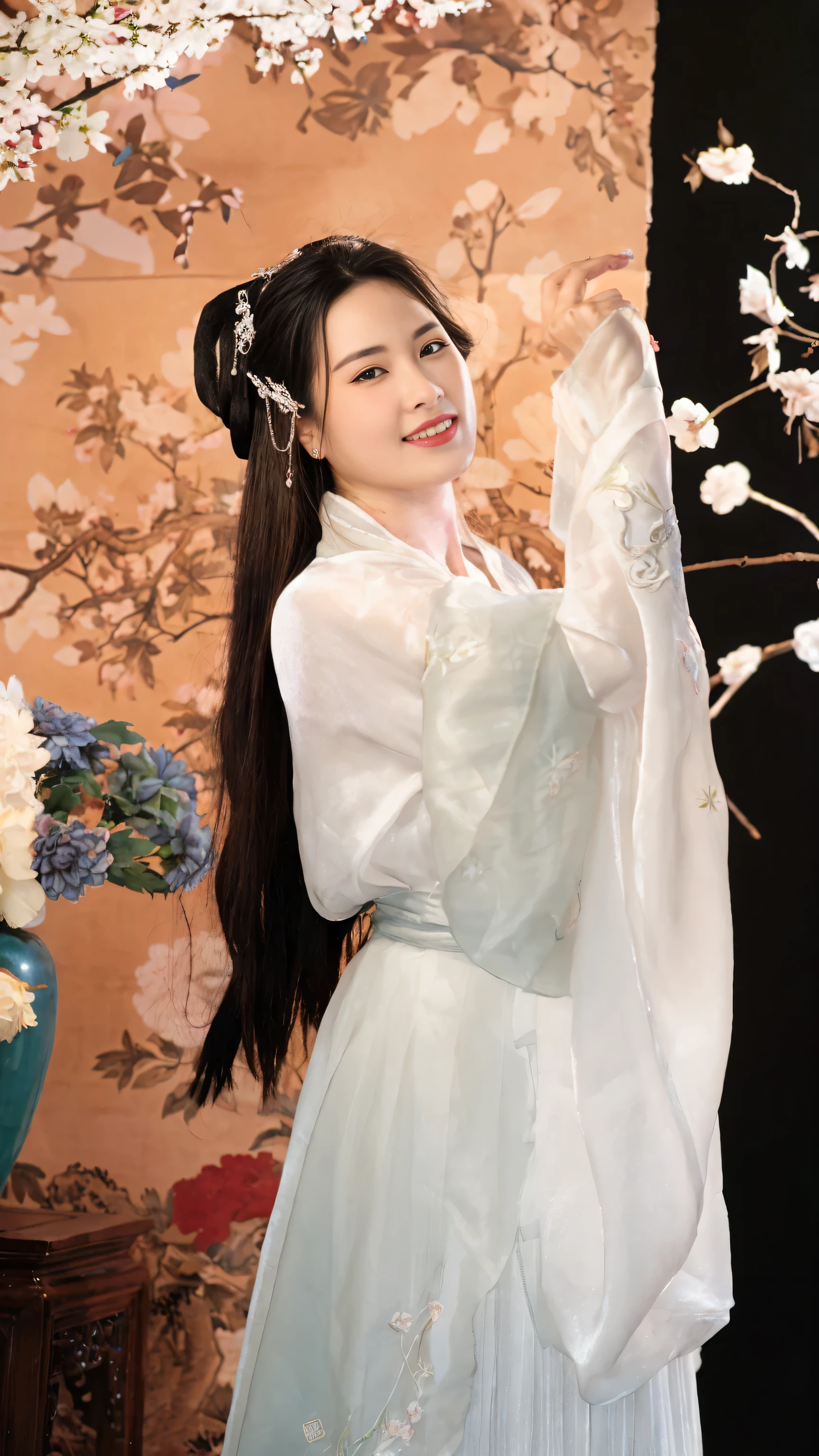 there is a woman in a white dress holding a fan, white hanfu, palace ， a girl in hanfu, hanfu, wearing ancient chinese clothes, with acient chinese clothes, traditional chinese clothing, chinese costume, full body xianxia, ancient chinese princess, traditional chinese, ancient chinese beauties, wearing ornate silk clothes, inspired by Qiu Ying, chinese princess