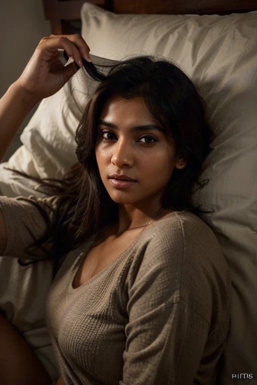 beautiful mature Indian 25 year old girl, brown skin tone, wearing over sized boyfriend shirt, posing in bed, athletic body, brown eyes, black hairs, Indian skin tone, realistic skin texture, photorealistic digital art trending on Artstation 8k HD high definition detailed realistic, detailed, skin texture, hyper detailed, realistic skin texture, armature, best quality, ultra high res, (photorealistic:1.4), high resolution, detailed, f1.6 lens rich colors hyper realistic lifelike texture dramatic lighting unrealengine
