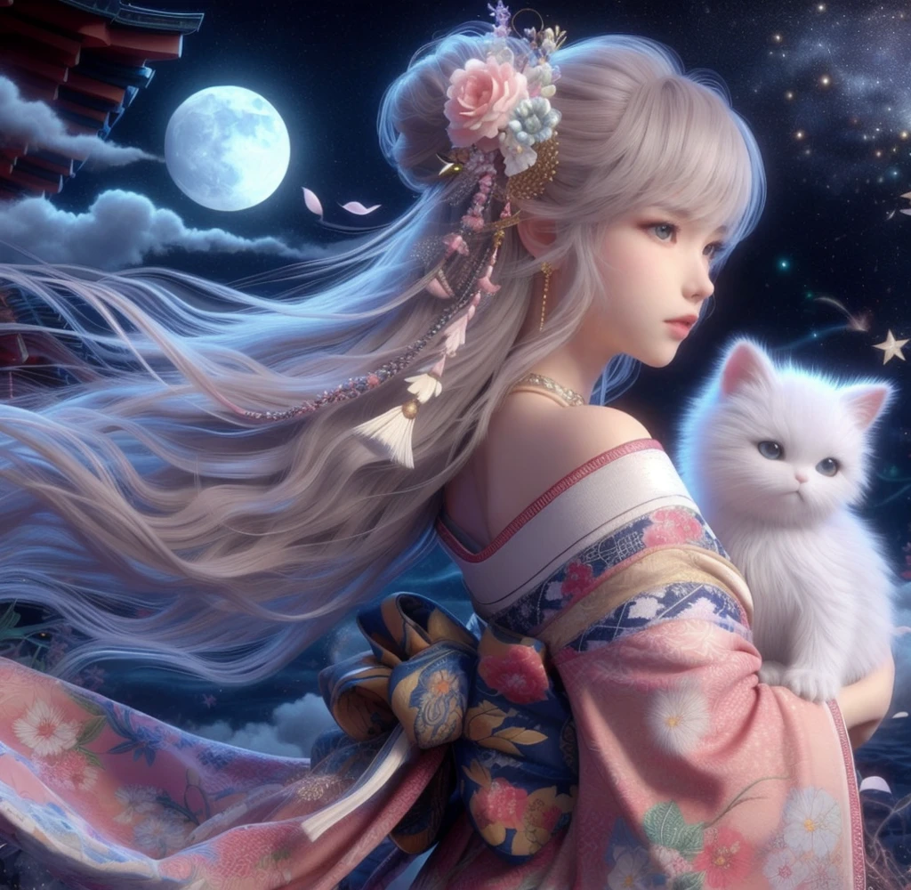 Holding a white cat in his arms、Anime girl with a full moon in the background, anime style 4 k, very beautiful anime cat girl, anime fantasy artwork, beautiful anime cat girl, anime fantasy illustration, 8K high quality detailed art, beautiful fantasy anime, anime art wallpaper 4k, anime art wallpaper 4k, anime art wallpaper 8k, anime style. 8K