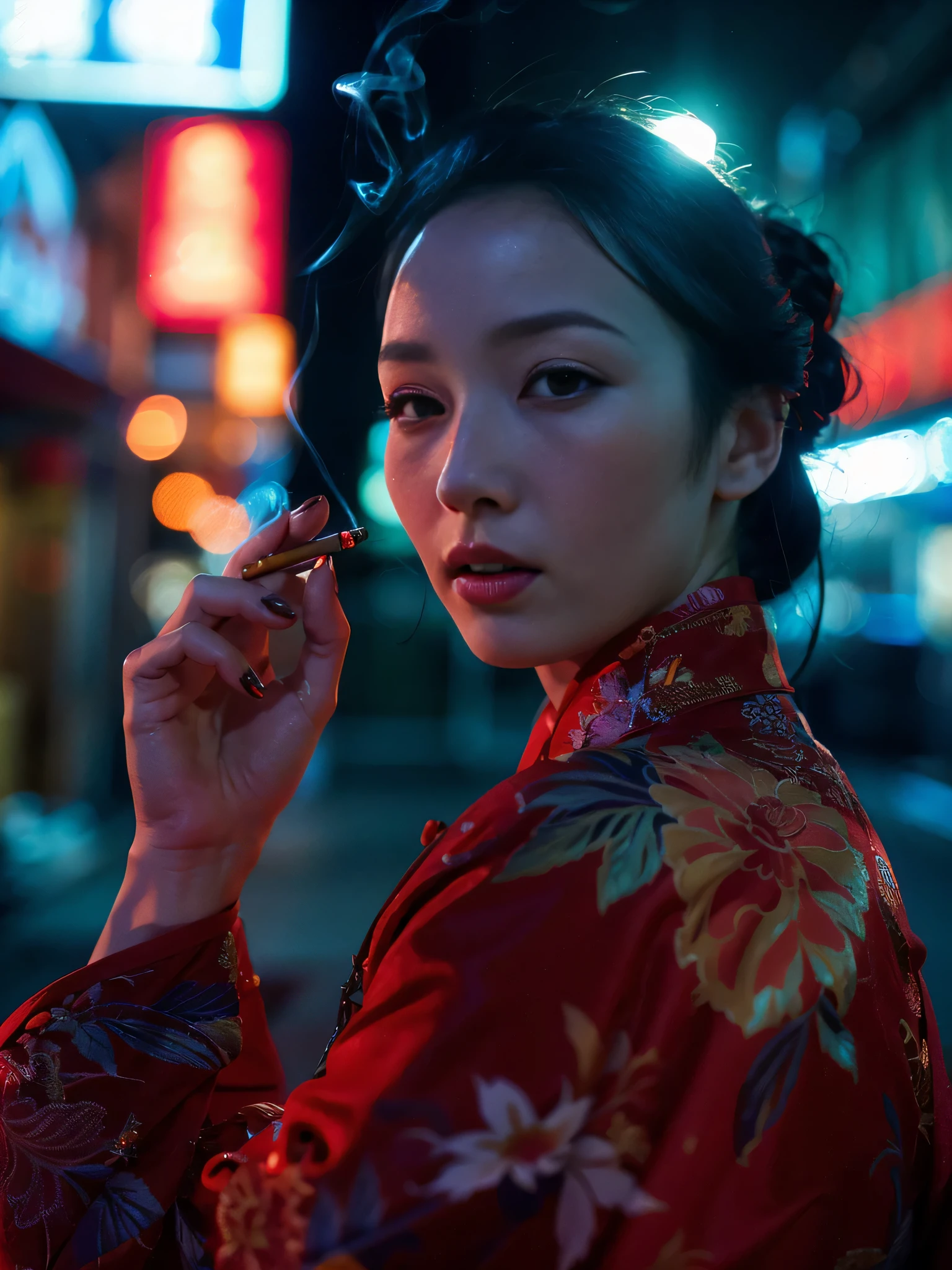 Realism，Realistic photography of people，Wong Kar Wai style, Super realistic light and shadow effects，(Super exquisite CG Unity 8K wallpaper), (masterpiece), (best quality), (actual), geisha, kimono, cheongsam，smoke, Psychedelic，Realistic， ((best quality)), (super detailed)), (((photo)),arafed asian woman in a red kimono smoking a cigarette, chinese woman, Portrait shoot, cinematic. author：Leng Jun, jingna open, Rostland 8K, Chinese girl, wearing a red cheongsam, Chinese style, Alice x. open, beautiful oriental woman, asian woman, Inspired by Zhen Min, cheongsam