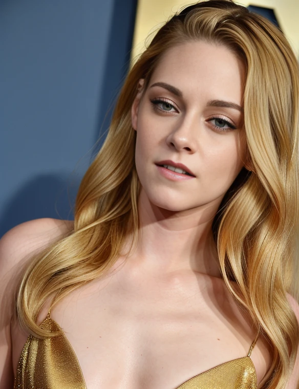 Kristen Stewart, (((Very long light blonde hair))), right parting hair , (left of her head shaved fade:1), show chest up