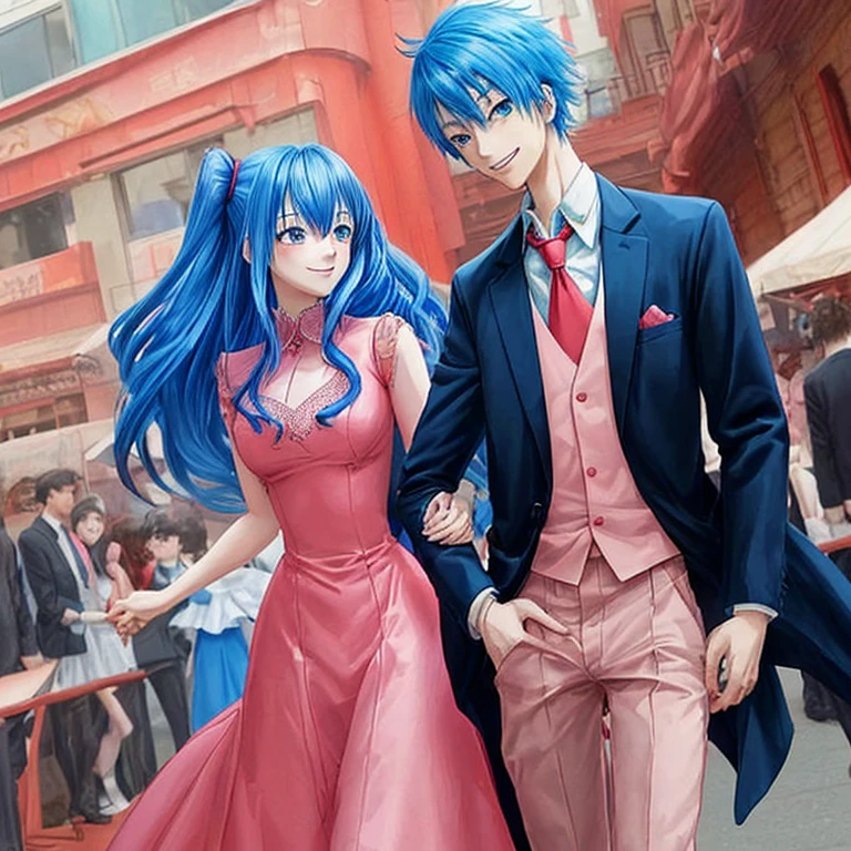 Anime, anime 2d, best quality, 2others, couple, 1man with 1woman, man blue hair, woman red hair, Height difference, happy, love, smile, formal clothes, different fashions, pink dress, blue shirt and tie, holding hands
