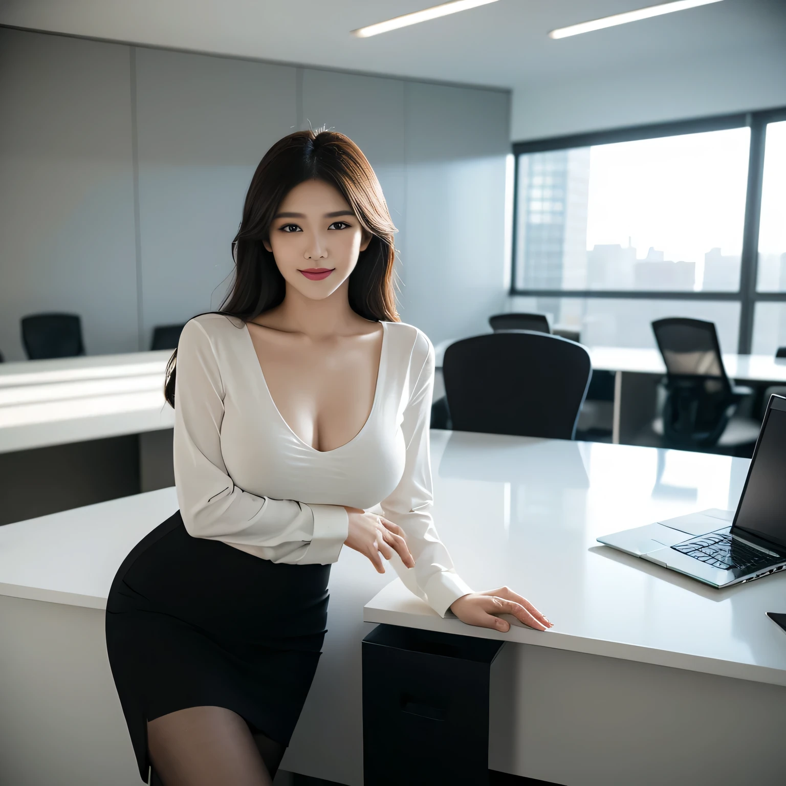 beautiful girl, 1girl, solo, korean Female Model, dynamic poses, ((smile)), ((office dress)), ((wearing lanyard)), name tag, long messy hair,black eyes, (((plumpy body))), sfw, (medium breast:1.3), cleavage, Morning sunshine,Eyes on the audience, ((dynamicposes)),((dynamicbackground)), ((face details)),Double eyelids, reeds, realistic, masterpiece, highest quality, lens flare, shade, ((corporate office background)), [[chromatic aberration]], by Jeremy Lipking, by Antonio J. Manzanedo, digital painting, HDR, high contrast
