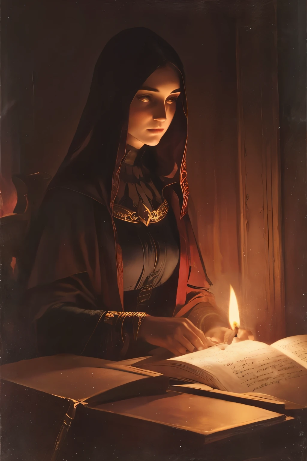 Dark sorceress. Style of 19th century classical painting. Hands are holding a candle.