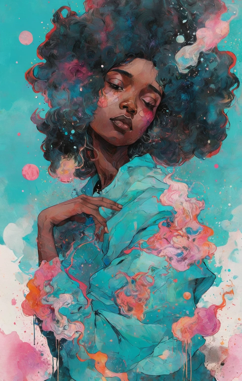 hip-hop theme, torso shot of a stunning Somali woman with a tired expression, Conrad Roset, cotton candy explosion, digital portrait, an ultrafine detailed painting, space art,  the drip drip, the bling bling, Use bold brushstrokes, swirling patterns, and contrasting colors to convey the intensity of the emotions. strong warrior princess, centered, key visual, intricate, highly detailed, breathtaking beauty, precise lineart, vibrant, comprehensive cinematic, Carne Griffiths, Conrad Roset, (the most beautiful portrait in the world:1.5) Imagine the universe as a vast symphony of colors and shapes. Create an abstract representation of the cosmos, using swirling galaxies, nebulae, and celestial bodies to evoke a sense of wonder and awe. Incorporates a blend of watercolor and , maximalism artstyle, geometric artstyle) Incorporate vibrant colors, dynamic brushstrokes, and intriguing textures to capture the essence of the subject's inner world, capturing a surrealist vision, Perfect centralization, Um caozinho bonito ruivo por toda parte, Usa uma jaqueta,