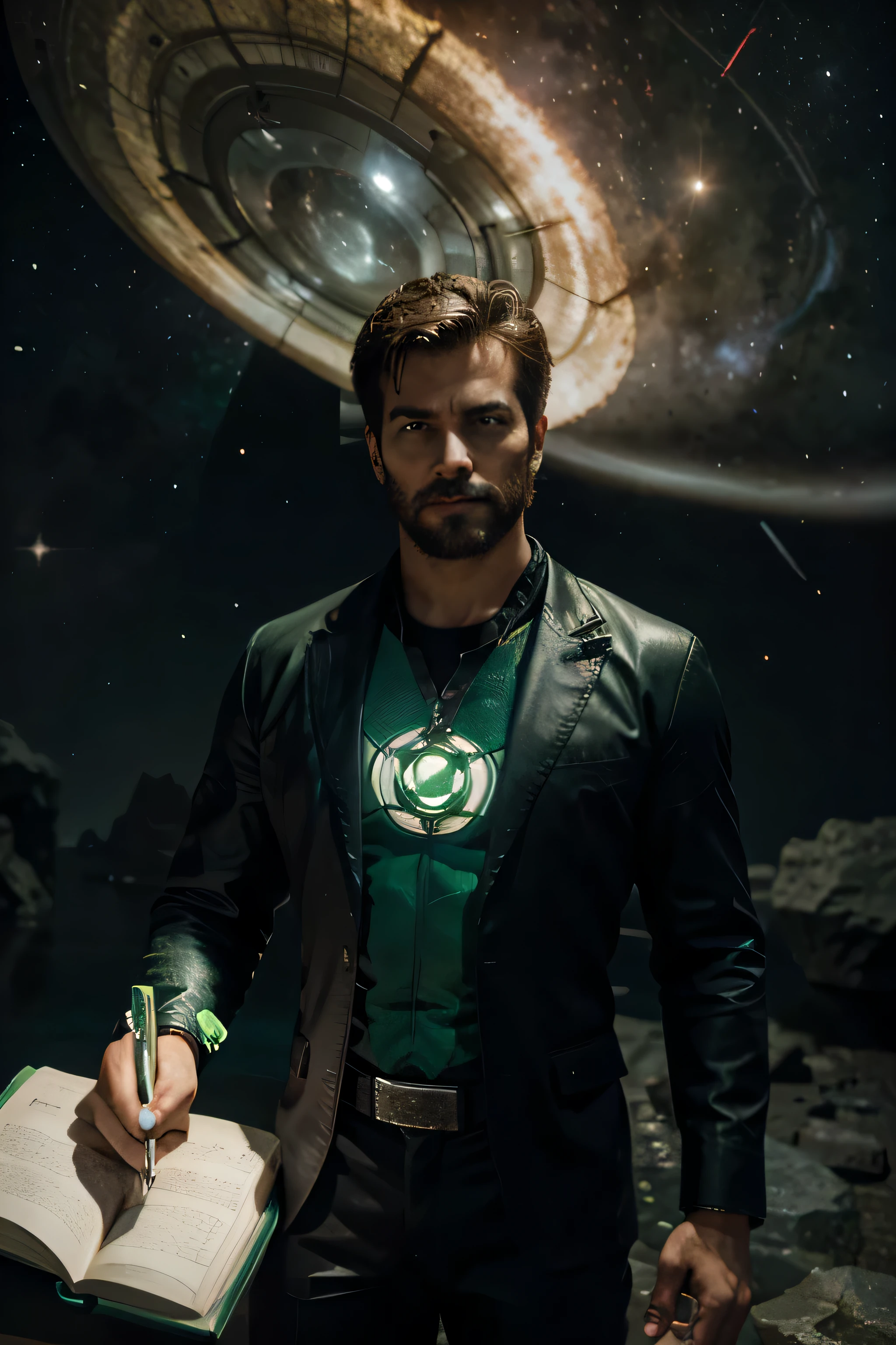 Green Lantern sits on a research platform, floating in the middle of the asteroid belt.. He studies with a notebook, surrounded by several asteroids, glowing with a fiery aura. Dramatic illumination of distant stars and planets illuminates the scene., casting deep shadows on the suit. The young man looks confident and determined, look at the vast and mysterious universe with wonder and respect, facial hair, cowboy shot,