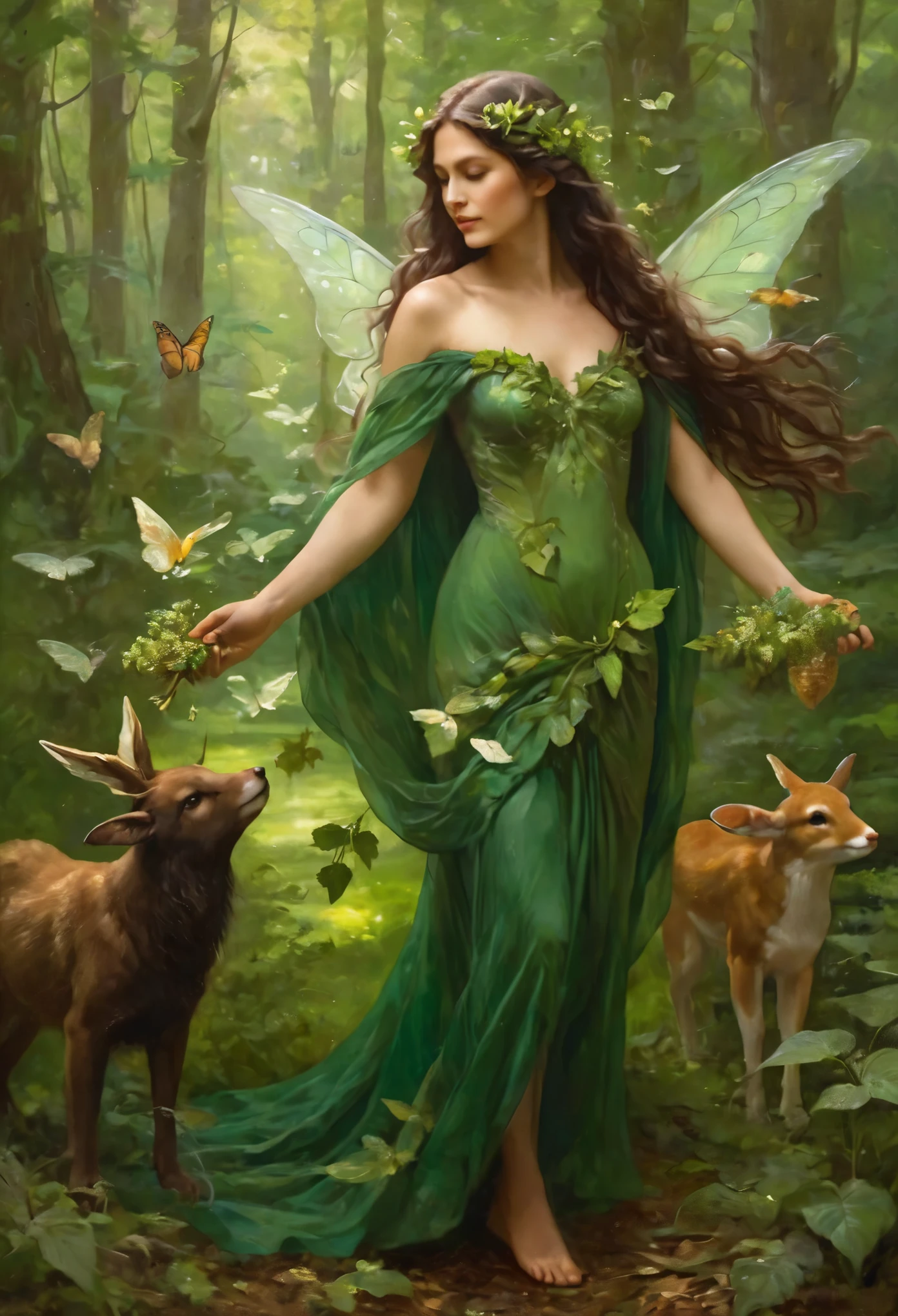 Elegant and serene fairy dryad with long wavy earthen-brown hair, leaf-green floral gown, mystical fauna wings, helping the animals of the forest harvest their food in a peaceful and radiant forest, oil paint splash