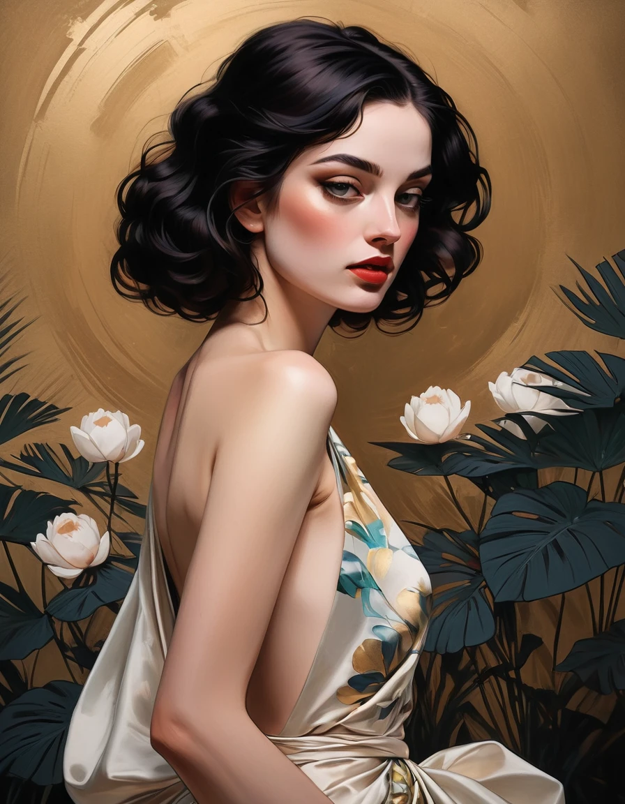 chiaroscuro technique on sensual illustration of an elegant queer , vintage ,silky dress, matte painting, by John Singer Sargent, by Harumi Hironaka, extremely soft colors, vibrant, pastel, highly detailed, digital artwork, high contrast, golden dramatic, refined, tonal, an intimate, seductive studio setting with a focus on sensuality and romance. Utilize soft, warm lighting that bathes the space in a gentle, inviting glow. Incorporate luxurious fabrics, plush furnishings, and a touch of decadence to evoke an opulent ambiance. The scene should exude an air of serenity and anticipation, inviting the viewer into a sensual and romantic space