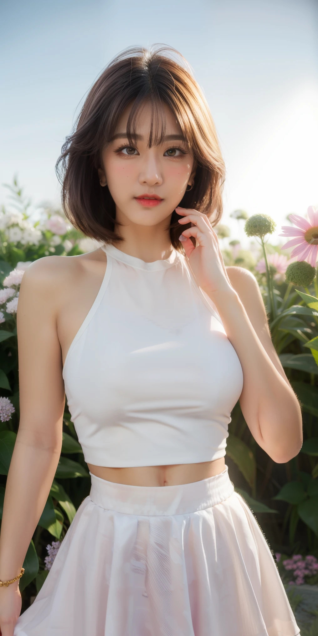 realistic, 1girl, white hair, purple eyes, glowing eyes, crop top, skirt, parted lips, blush, night, flowers, sun, sunlight,