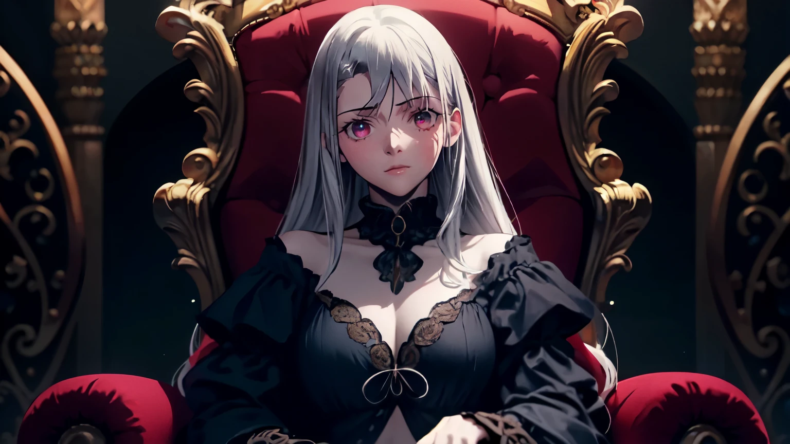 (best quality,4k,8k,highres,masterpiece:1.2), ultra-detailed, realistic:1.37, girl sitting on a black throne, wavy loose hair, beautiful detailed red eyes, elegant white hair, stunning red and black clothes, mid shot, dark and mysterious atmosphere, intricate throne details, vibrant and contrasting colors, soft and dramatic lighting, regal and confident posture, intense gaze, gothic fashion style