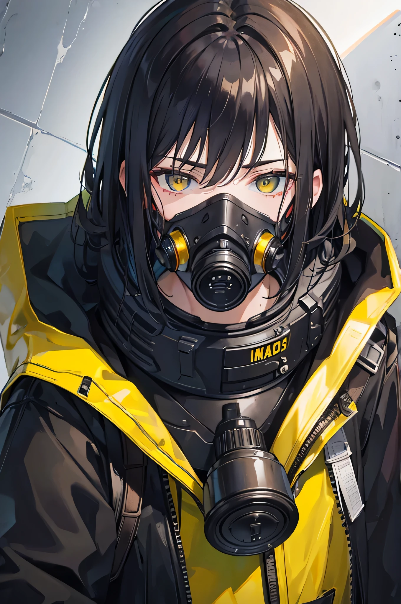 18-year-old Caucasian male with dark hair wearing a black gas mask with yellow filters