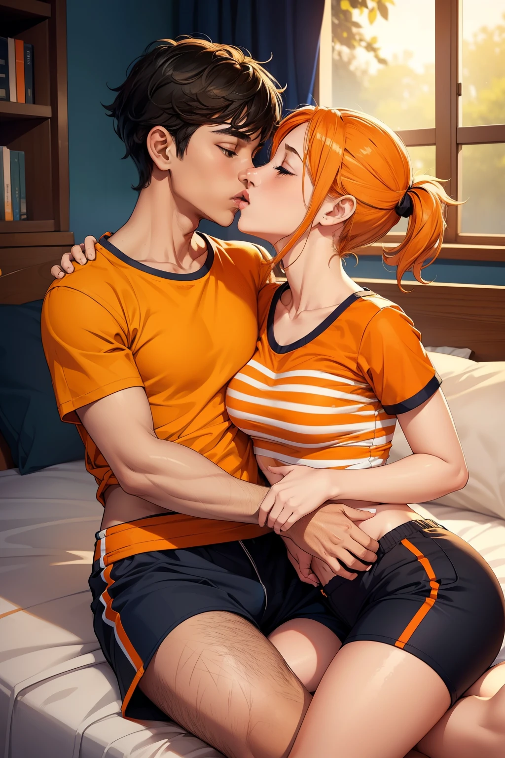 Young girl wearing white and orange striped t shirt and orange shorts and young boy wearing a navy blue t shirt and black shorts sitting on a bed together, kissing, making out, passionately, sexy, hot, lustful