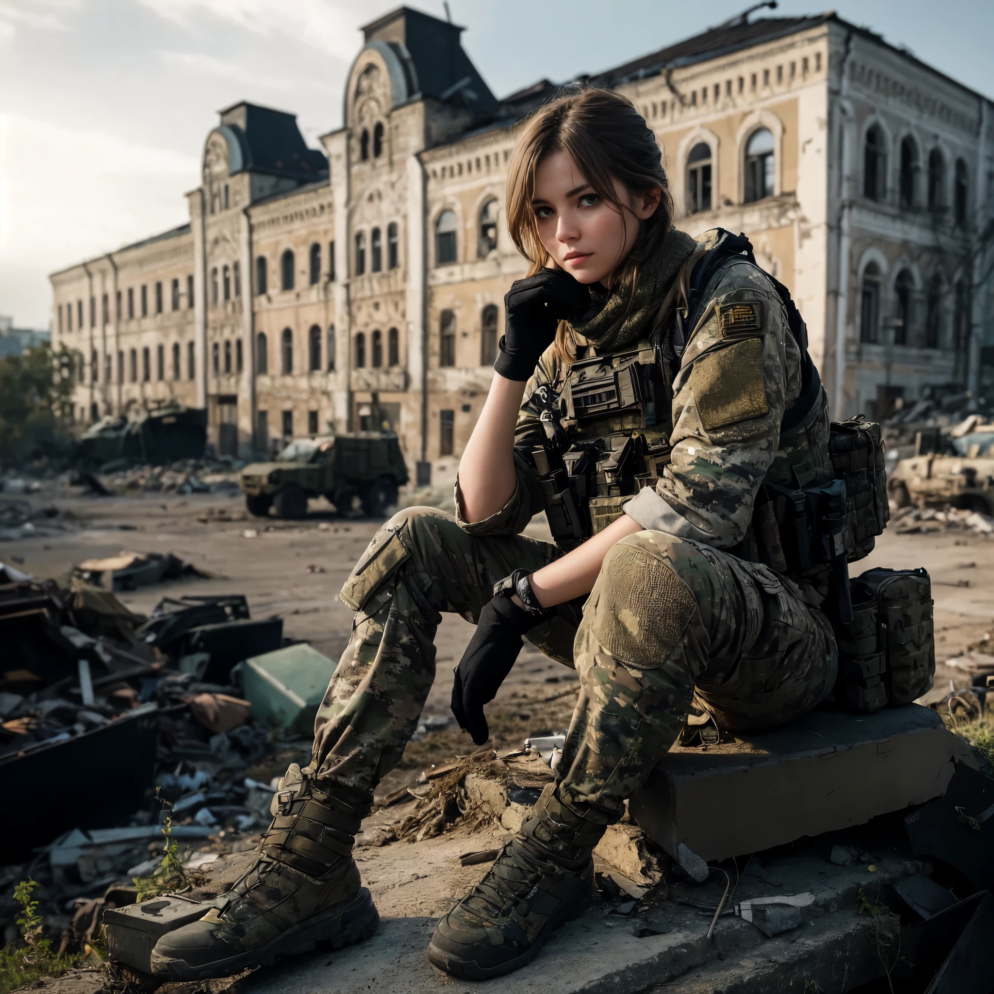 Masterpiece, a 30-year-old Russian female Spetsnaz FSB Alpha Group member, exuding a sense of calm and resilience. She's dressed in tactical gear, including a camouflage uniform typical for the Spetsnaz units, relaxed, thoughtful, ready for action, In the background is an East European urban battleground, debris is scattered across the streets, late afternoon, an araffe woman sitting on a pile of rubble in front of a building, resting after a hard mission, ( apocalyptic ) 8 k, of a sniper girl in war, soldier girl, escape from tarkov, beautiful female soldier, in a post apocalyptic setting, apocalyptic 8k, apocalyptic 8 k, military girl, warzone background, unreal engine. film still, infantry girl, 16K, ultra high res.photorealistic, UHD, RAW