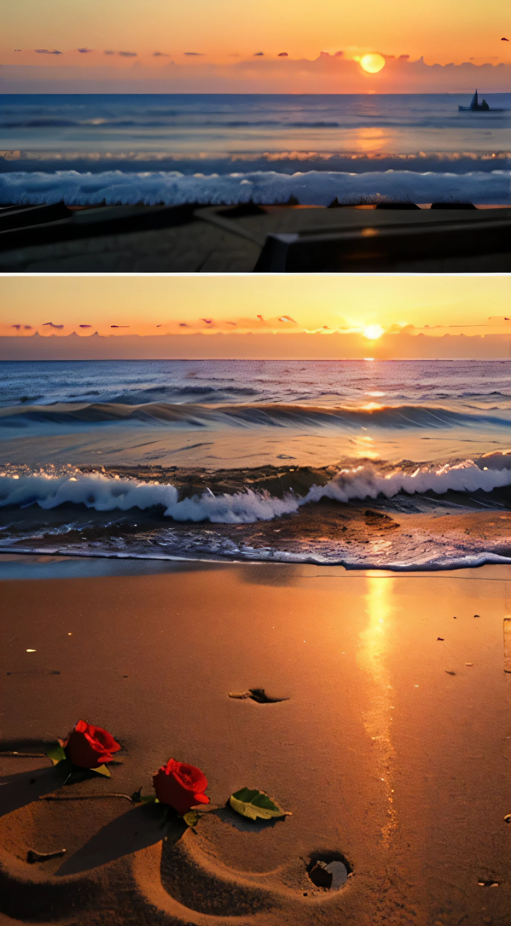 Roses,Zoom out The background is a wonderful sunset at the seaside, authentic texture, warm、reality