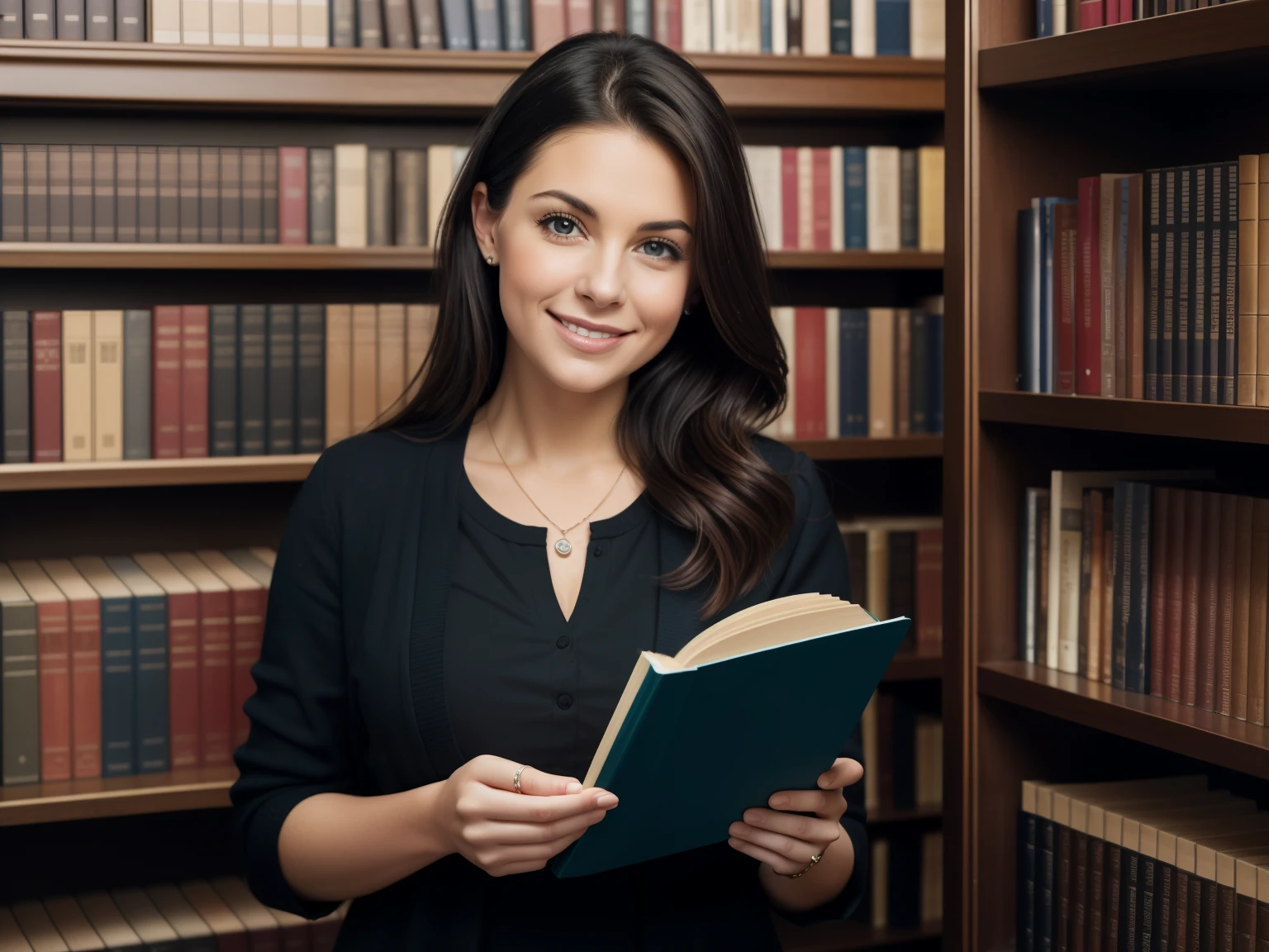 smiling woman holding a book in a library with bookshelves, female lawyer, holding a book, portrait shot, librarian, reading in library, book portrait, professional image, in a library, book library studying, mid shot portrait, holding books, library background, closeup portrait shot, professional closeup photo, professional portrait, close up portrait shot, professional picture, lawyerm correct  cute hands  correct 4 fingers 1 thumb