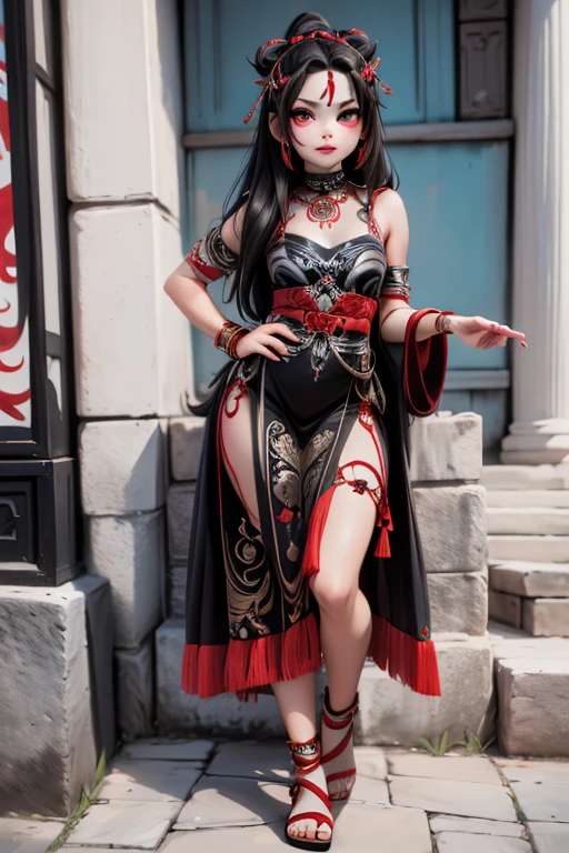 a beautiful girl with snakes, red and black makeup face tripes, mexican prehispanic dress, beautiful sandals