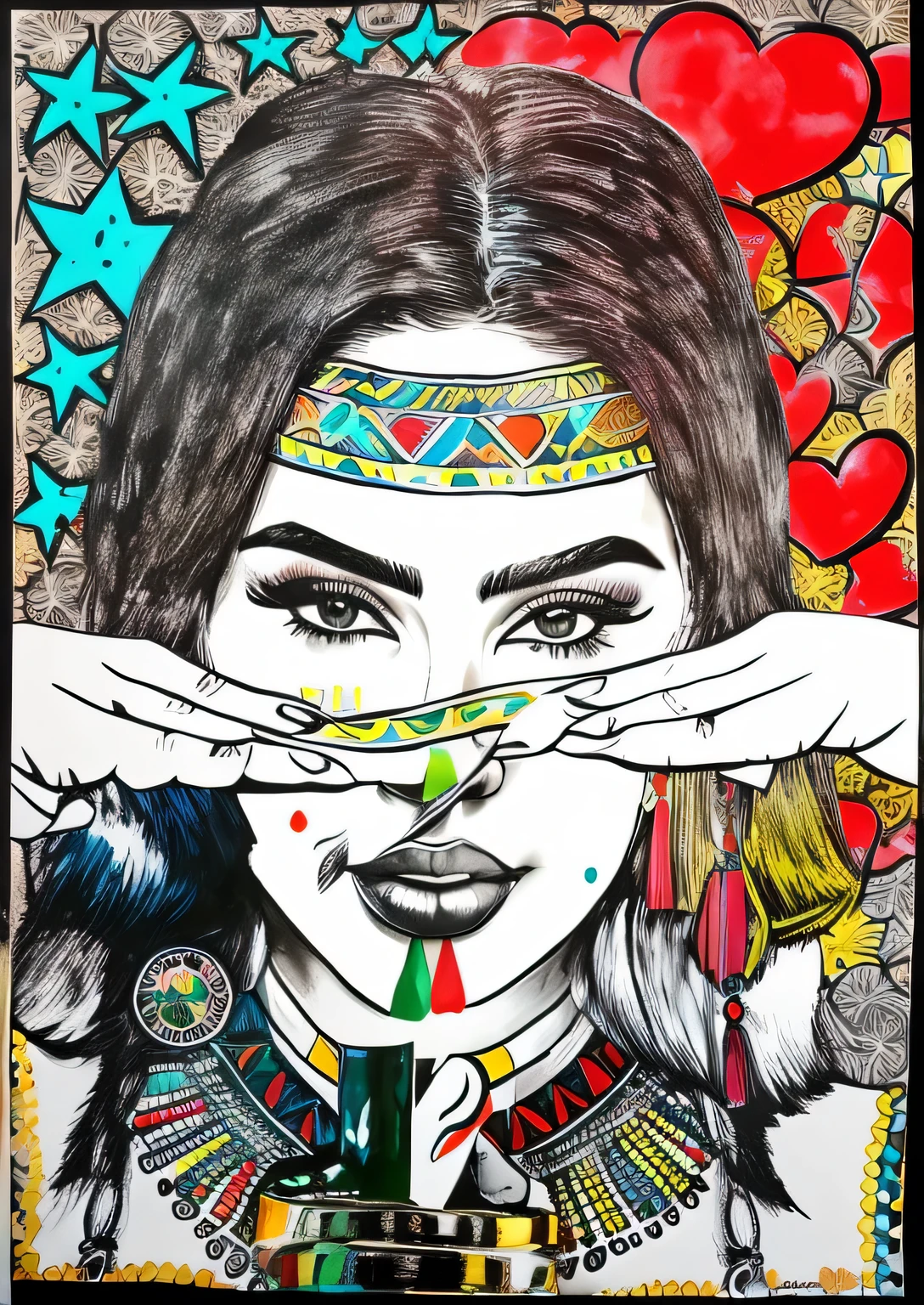 um desenho de uma mulher com um cocar cobrindo os olhos, vibrant fan art, por Reyna Rochin, Retrato colorido de Megan Fox, desenho colorido, desenho colorido, retrato de garota de cerveja madison, inspirado em Pia Fries, arte perfeita, artistic design, desenho colorido, retrato de Haifa Wehbe, retrato de Megan Fox como rainha, por Izzy Medrano