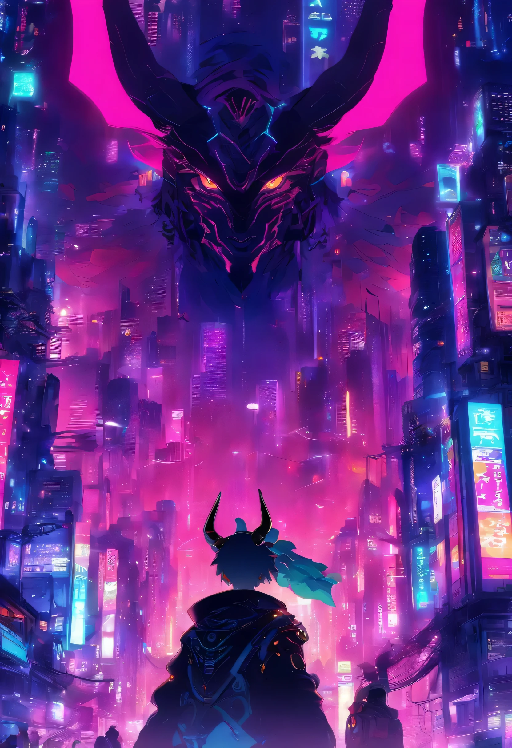 at a cyberpunk city, With horned wings on his back、A little boy standing with a horn-like figure holding a glowing halo on his head , His dress can reflect the light around him., profile,Half body, Staring straight in the crowd, Cyberpunk city lights background, 3D anime, There is no anime, detailed face, cute.