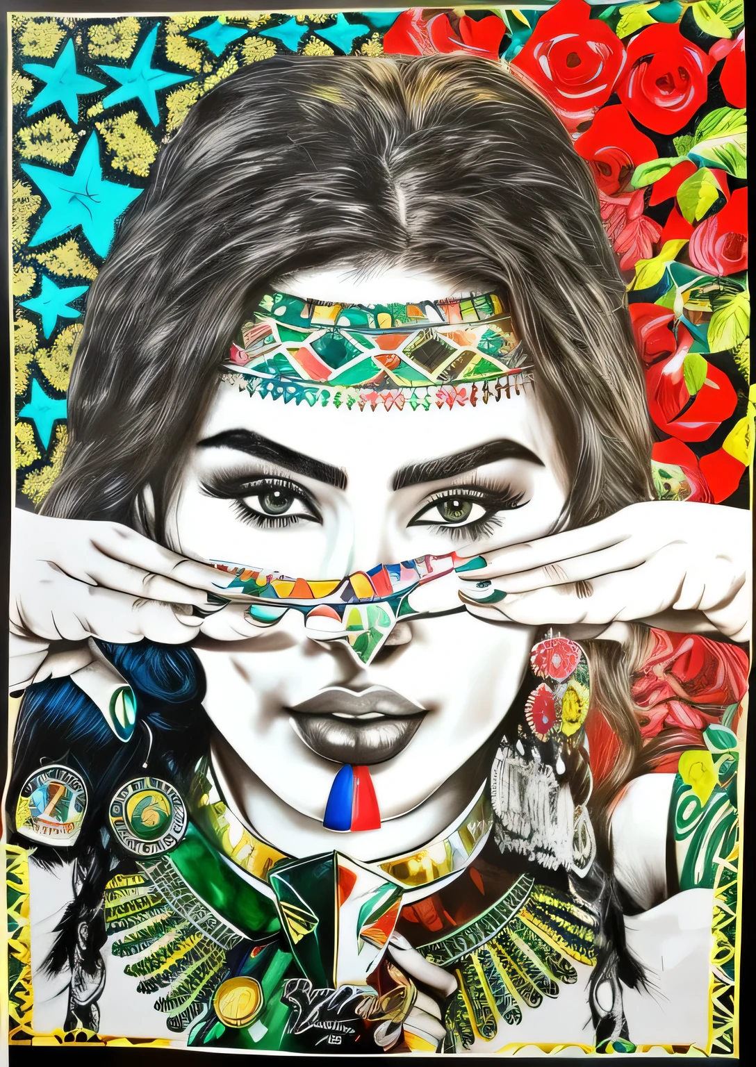 um desenho de uma mulher com um cocar cobrindo os olhos, vibrant fan art, por Reyna Rochin, Retrato colorido de Megan Fox, desenho colorido, desenho colorido, retrato de garota de cerveja madison, inspirado em Pia Fries, arte perfeita, artistic design, desenho colorido, retrato de Haifa Wehbe, retrato de Megan Fox como rainha, por Izzy Medrano