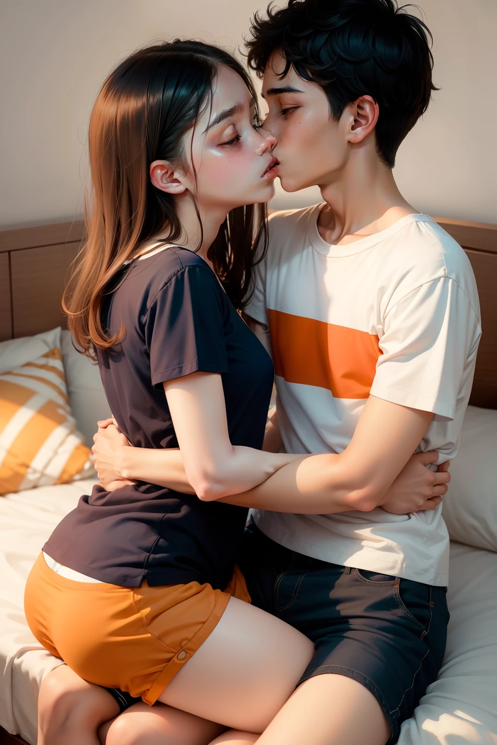 Young girl wearing white and orange striped t shirt and orange shorts and young boy wearing a navy blue t shirt and black shorts sitting on a bed together, kissing, making out, passionately, sexy, hot, lustful