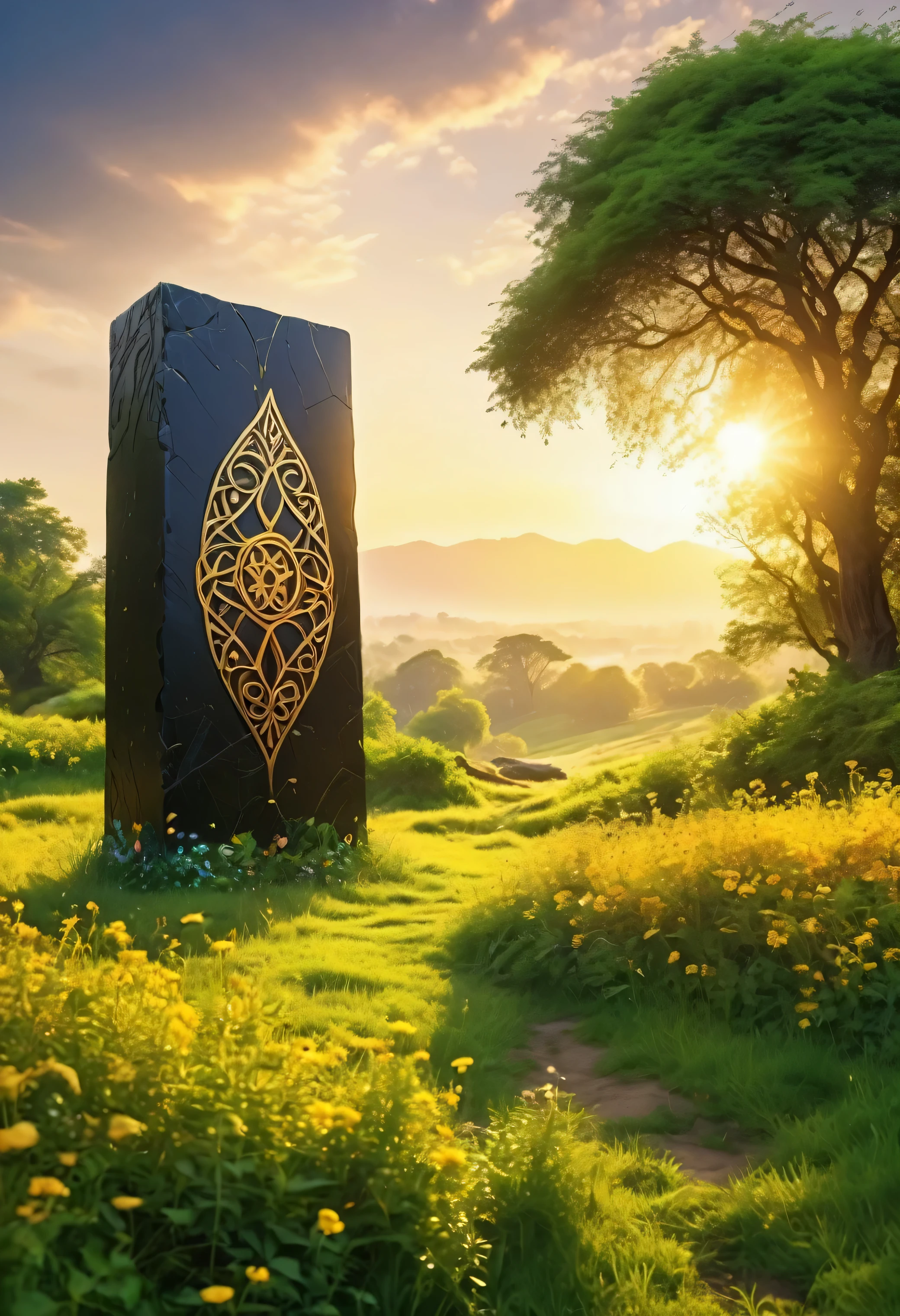 (masterpiece:1.2,best quality,4k resolution),colorful meadow,large black rectangular monolith,ancient yellow runes,vines growing,tranquil atmosphere,dream-like lighting,sharp focus,ultra-detailed,realistic,beautiful grass,scenic landscape,vibrant colors,warm sunlight,harmony,serene surroundings,natural beauty,peaceful ambiance,mesmerizing view,magical aura,soothing setting,lush greenery,touch of mystique,grandeur,awe-inspiring,sublime artistry,perfect balance,ethereal charm,serenity,natural wonder,awe-inspiring majesty,transcendent beauty,quiet bliss,serendipity