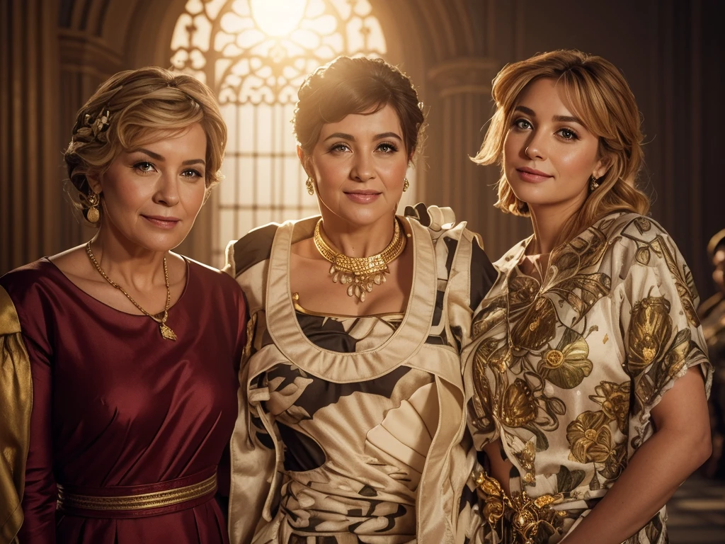 (best quality,4k,highres:1.2),ultra-detailed,realistic:1.37,A queen in the middle surrounded by two princesses on the left and right, detailed eyes, beautiful detailed lips, long eyelashes, crown adorned with jewels, golden scepter in hand, exquisite royal attire, confident and regal expressions, palace in the background, masonry texture, grand hall with high ceilings, warm sunlight streaming through stained glass windows, sizeable castle in the distance, fine architectural details, lush greenery, vibrant flowers, three figures in a close-up composition.