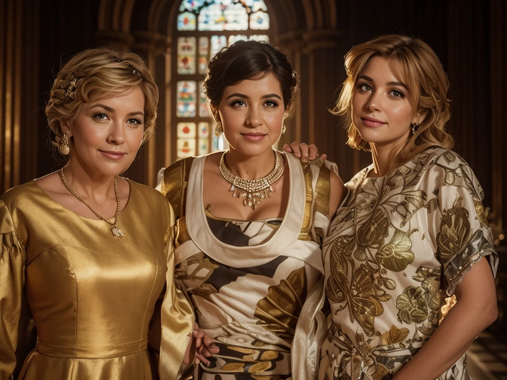 (best quality,4k,highres:1.2),ultra-detailed,realistic:1.37,A queen in the middle surrounded by two princesses on the left and right, detailed eyes, beautiful detailed lips, long eyelashes, crown adorned with jewels, golden scepter in hand, exquisite royal attire, confident and regal expressions, palace in the background, masonry texture, grand hall with high ceilings, warm sunlight streaming through stained glass windows, sizeable castle in the distance, fine architectural details, lush greenery, vibrant flowers, three figures in a close-up composition.
