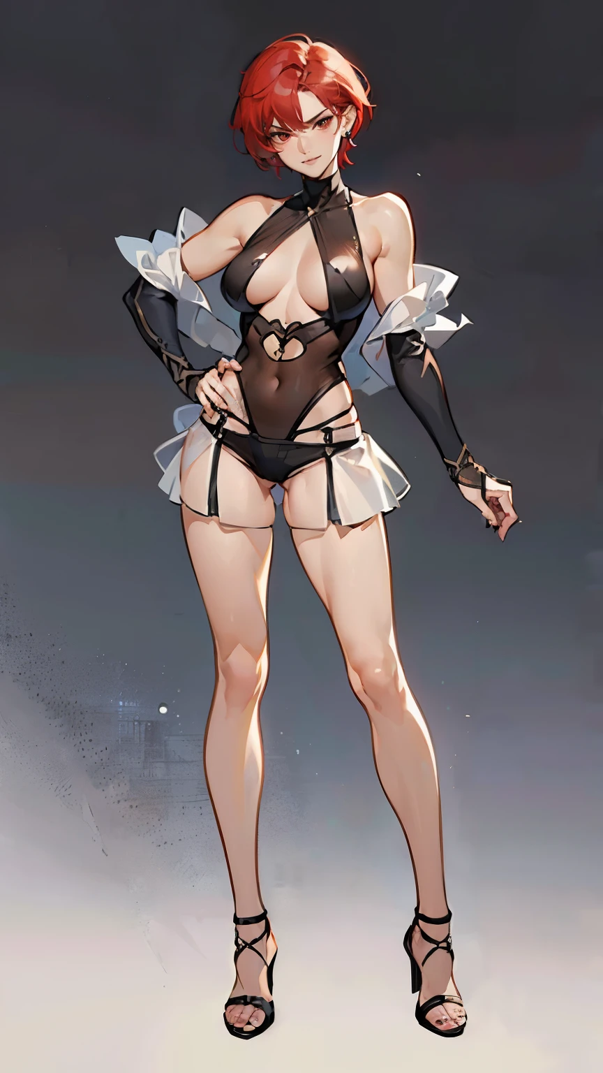 ((masterpiece,best quality,8k,highres)),((character concept art)), 1 female, adult female, warrior, 175 cm height, short hair (red hair colour), ultra finely detailed eyes (red eyes colour), extraordinary handsome, charming, smirk smile, shapely breasts, hourglass body shape ((muscular)), ((intricate detail)), super finely detailed hands, ultra finely detailed fingers(((ten fingers))), (sheer tank top),(black colour outfit), short hot pants, high heels, necklace, earrings, (standing still), (full body showcase), (show full body), (no logos on background), (no logo), ((plain background)), ((empty hands)), ((plain background)), (((empty background)))