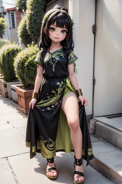 a snake girl, mexican indigenous dress, beautiful sandals, green and black clothing