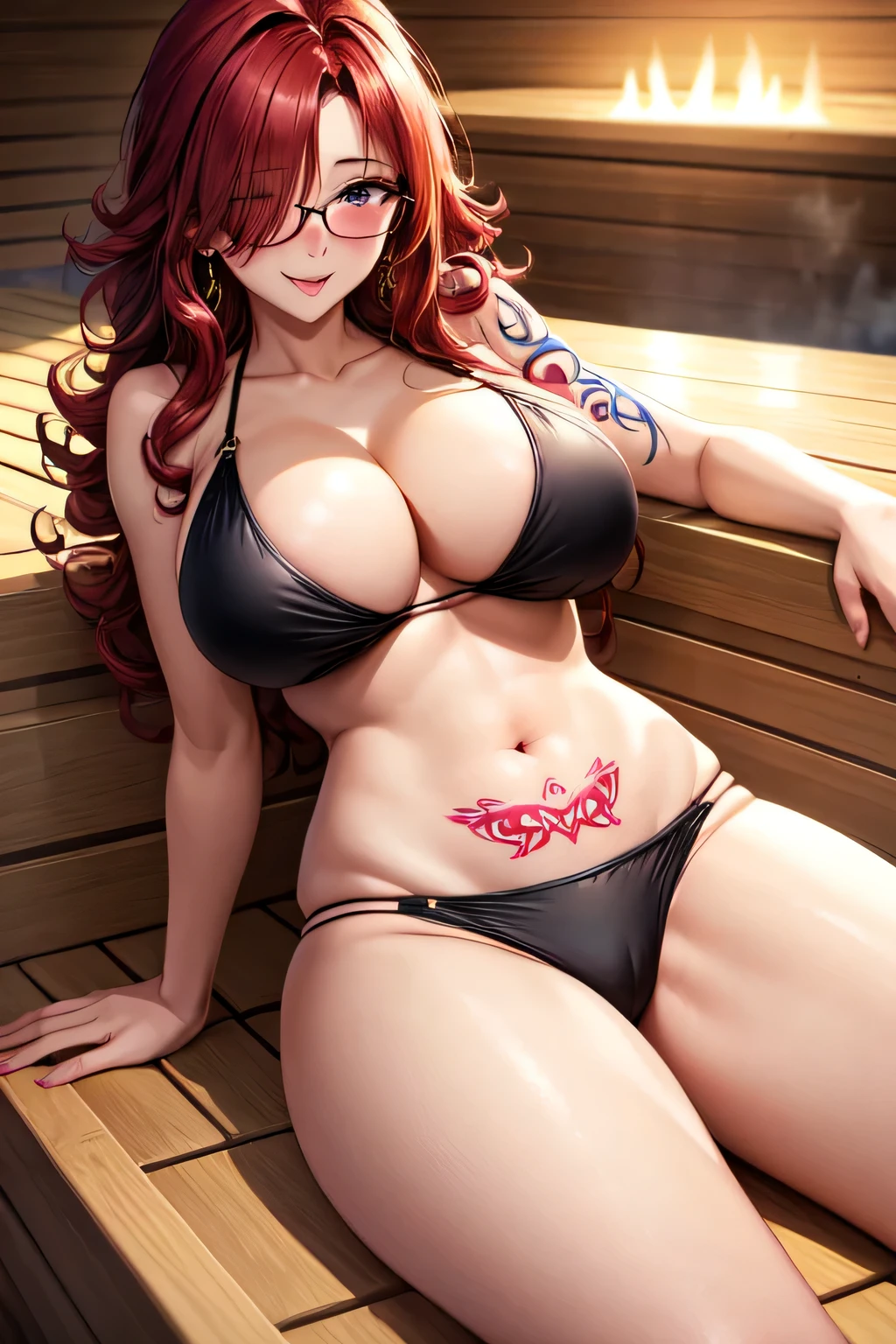 Cute sexy relaxed woman with thick long messy curly red hair with glasses with tattoo blushing with bright earrings with thick thighs and big chest in sexy position in sexy black bikini in sauna at night laying down face view with hair covering one eye