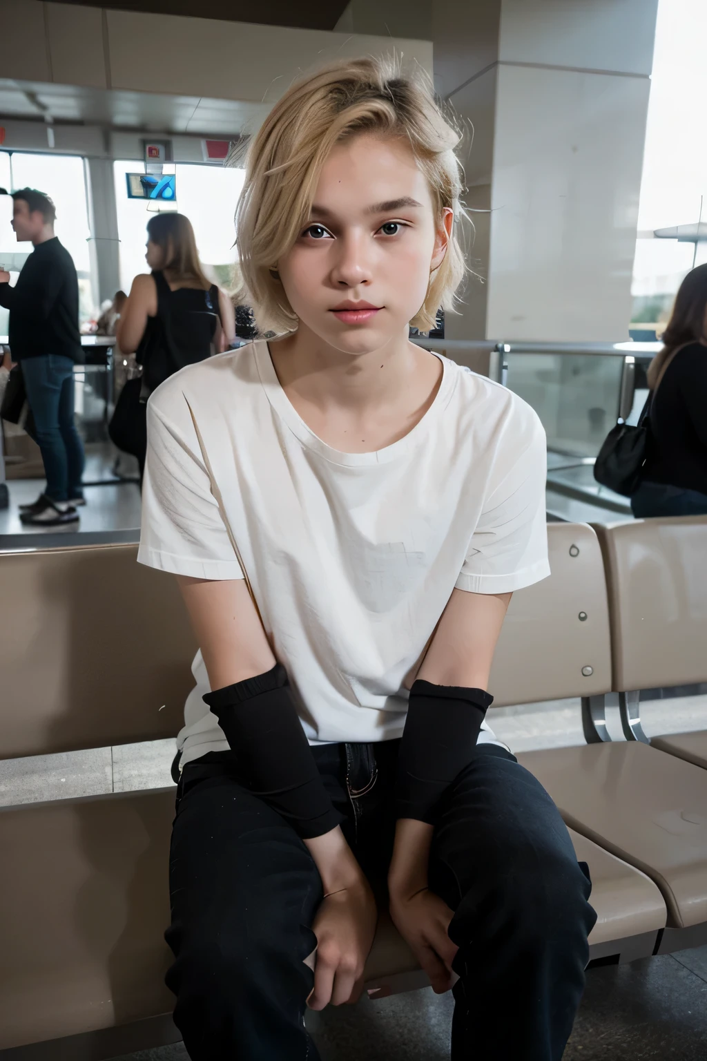13-year-old sexy beautiful boy with light yellow hair and medium size, with a white body and no hair, with pale blue eyes, with pale pink lips, with a cute and cute face, wearing black jeans and a black shirt, sitting at the airport