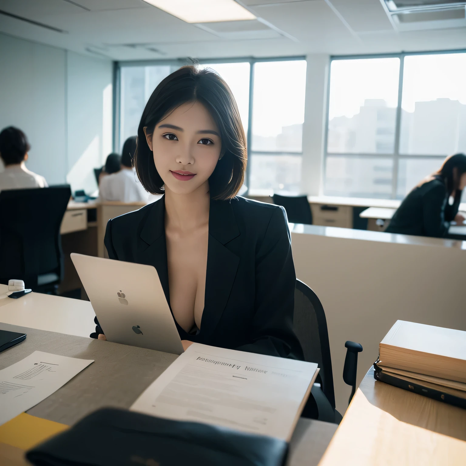 beautiful girl, 1girl, solo, korean Female Model, dynamic poses, ((smile)), ((office shirt)), ((wearing lanyard)), name tag, short messy hair,black eyes, (((plumpy body))), sfw, (medium breast:1.3), cleavage, Morning sunshine,Eyes on the audience, ((dynamicposes)),((dynamicbackground)), ((face details)),Double eyelids, reeds, realistic, masterpiece, highest quality, lens flare, shade, ((corporate office background)), [[chromatic aberration]], by Jeremy Lipking, by Antonio J. Manzanedo, digital painting, HDR, high contrast
