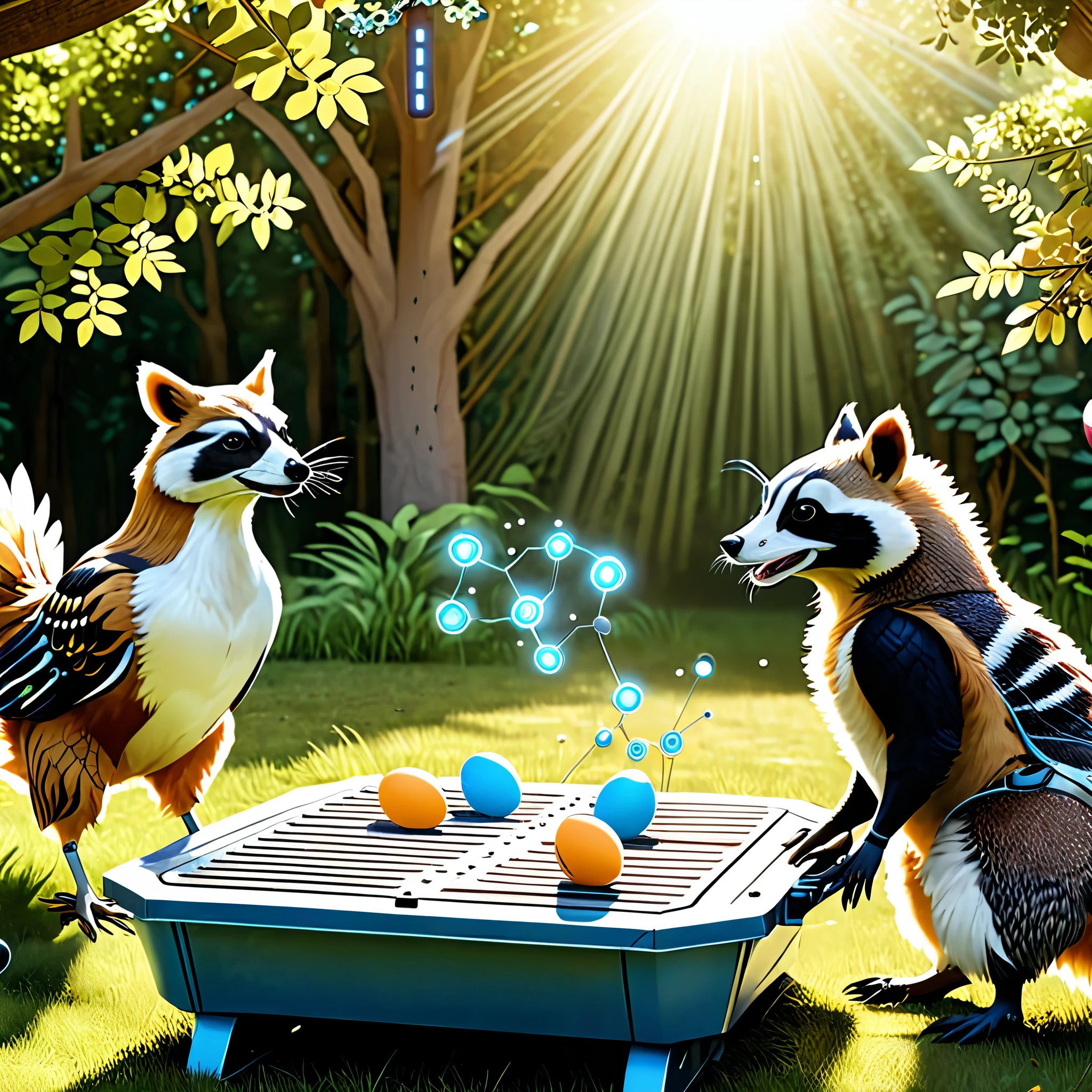 Enter the uproarious world of "AI Animal Antics" where AI-powered animals collide with their organic counterparts in a tech-infused comedy Eden. Picture a scene where robotic raccoons raid picnic baskets while their organic counterparts chase them in a chaotic chase. A robotic chicken lays digital eggs that ping-pong around, confusing the organic hens. Each frame is a riotous blend of slapstick humor and futuristic technology, promising laughter and entertainment galore!