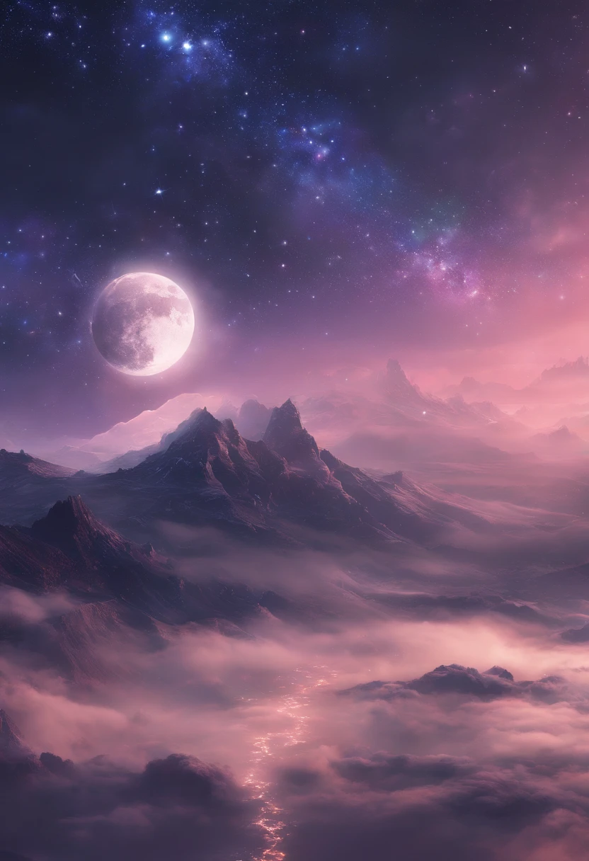 ((HG)), A captivating ((photorealistic image)) of a dreamy night sky featuring a fulmoon and an array of twinkling stars. Galaxy, creating a sense of depth and fantasy.  soft dreamy ethereal atmosphere. This stunning 3D render is perfect for an iPhone wallpaper, showcasing an aesthetic blend of cosmic and dreamy elements that would make it a standout cinematic backdrop.