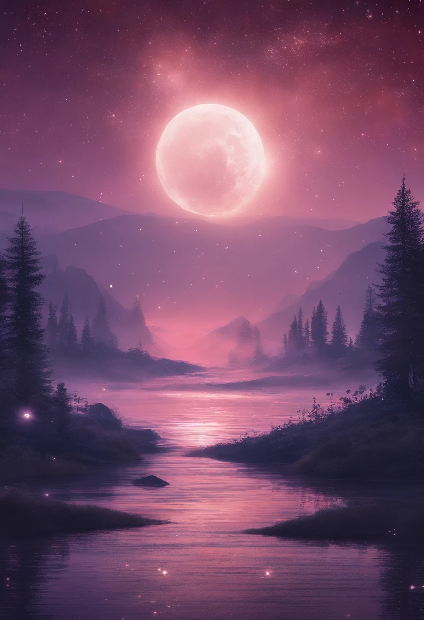 ((HG)), A captivating ((photorealistic image)) of a dreamy night sky featuring a fulmoon and an array of twinkling stars. Galaxy, creating a sense of depth and fantasy. soft dreamy ethereal atmosphere. This stunning 3D render is perfect for an iPhone wallpaper, showcasing an aesthetic blend of cosmic and dreamy elements that would make it a standout cinematic backdrop.