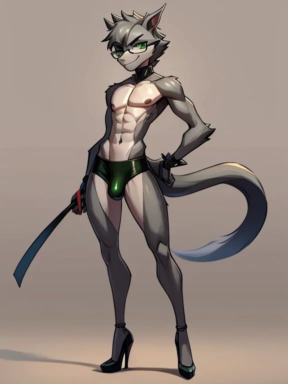 Male, robot Gray wolf, detailed green eyes, long tail, big nipples, slim, sly, simple background,, smirk, bulge, glasses, tail wrapping around body,((high heels))