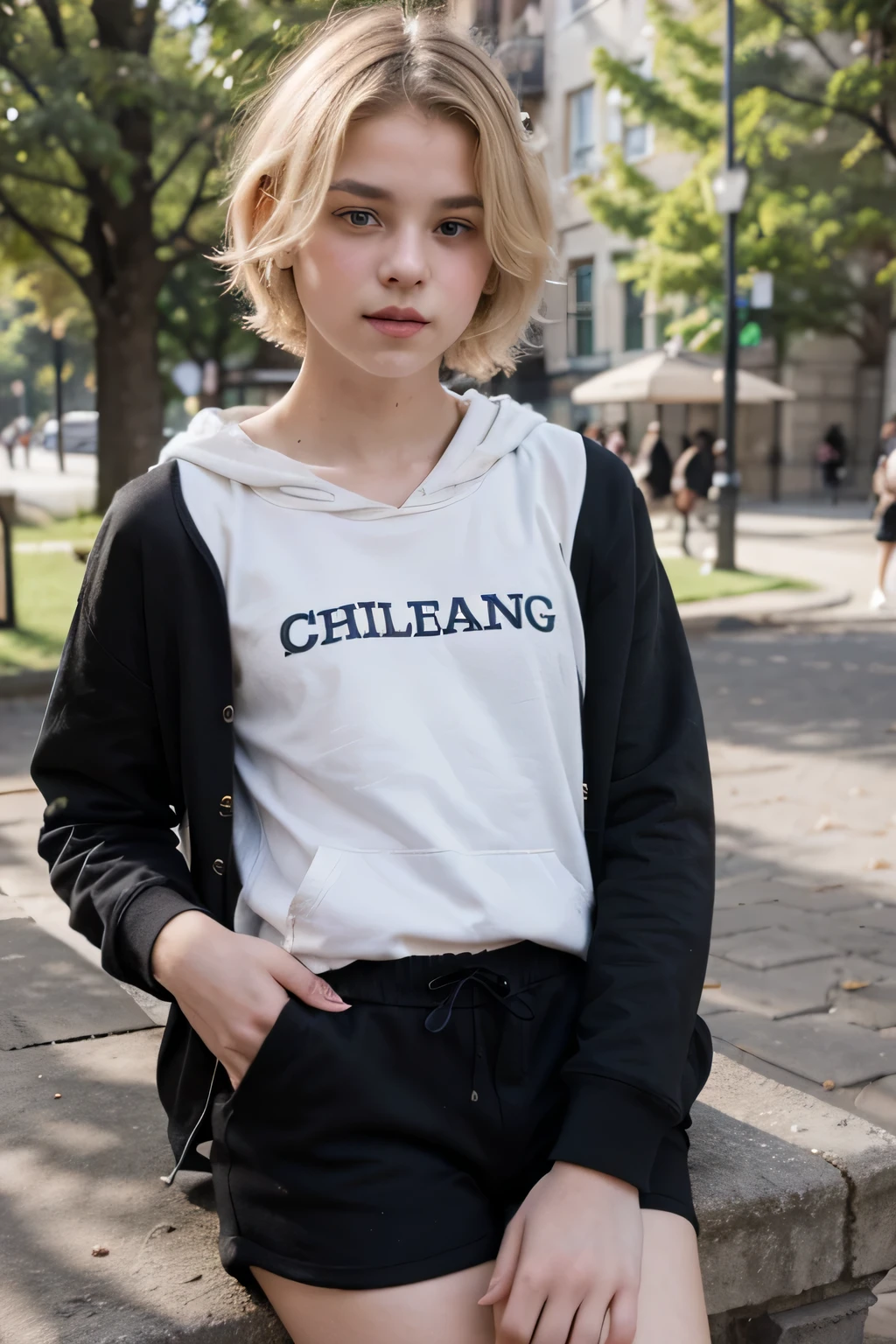 13-year-old sexy beautiful boy with light yellow hair and medium size, with a white body and no hair, with pale blue eyes, with pale pink lips, with a cute and cute face, wearing black shorts and a long black hoodie in the park Sitting