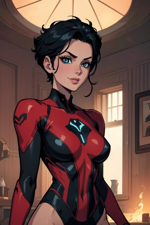 (art, Best quality, absurd, 4K, aesthetics, perfect eyes, perfect face, detailed, complex, Perfect lighting) 1 girl with fair skin, dark shaved short hair, wears a red and black futuristic bodysuit, queen of an alien race, warrior, gentle smile