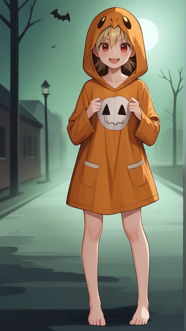 score_9, score_8_up, score_7_up, score_6_up, source_anime, BREAK, hellsing,1girl, solo, outdoors, spooky, clumsy, Halloween, on the road, looking at viewer, smug, acting scary, clumsy, cute, aged down, teen, teenager, , , young, extremely young, lole, wearing dinosaur pajamas, Halloween dinosaur costume, dino costume, dinosaur costume , vampire, dark blonde hair, blonde, open mouth, pussy slip, standing, no pants, oversized hoodie, dino hoodie, no panties
