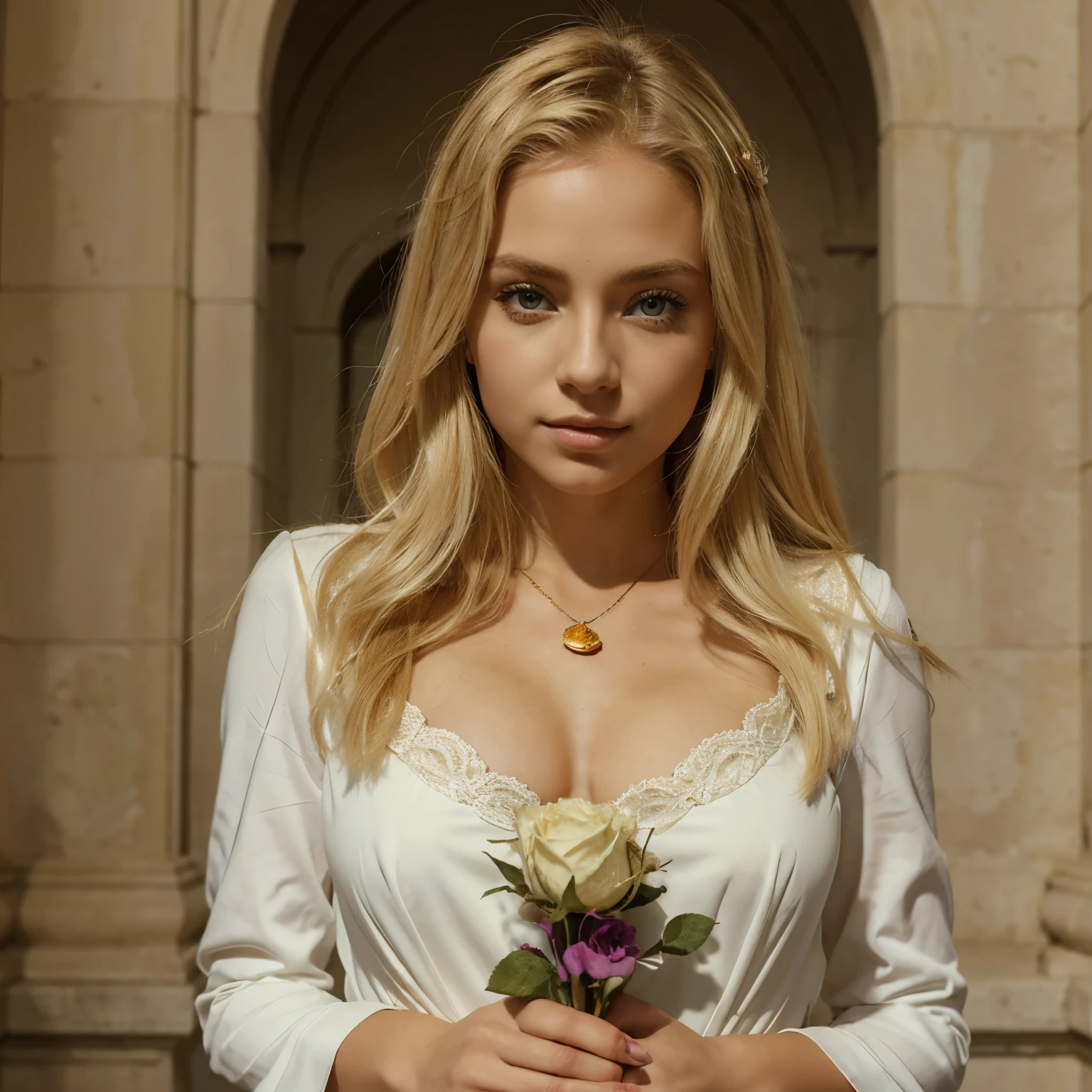 Crie a imagem de: Achaiah, a oitava Serafim, She has beautiful blonde hair and golden eyes. Veste um vestido sensual verde, and holds in one of her hands a beautiful white rose, representing the peace that she transmits to the heavens.