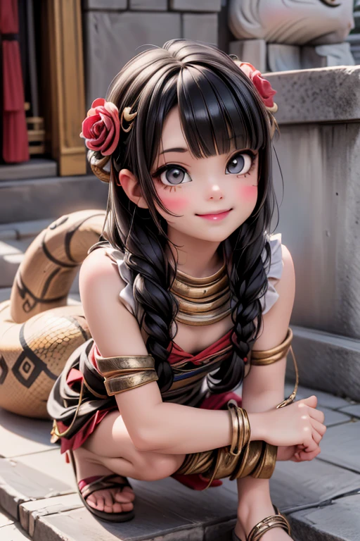 a cute serpent girl smiling, full of serpents, serpent mexican indigenous dress, beautiful sandals, war makeup face red stripes